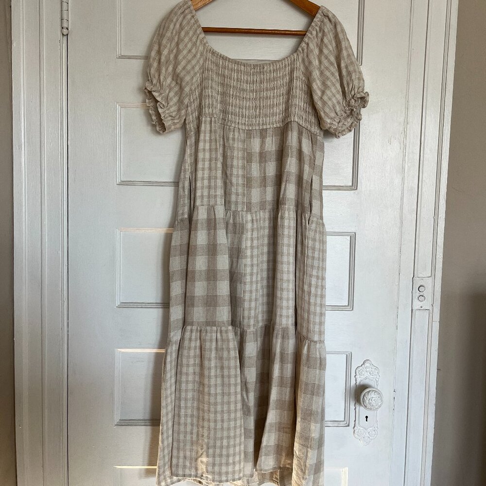 Beige Plaid Puff-Sleeve Midi Dress